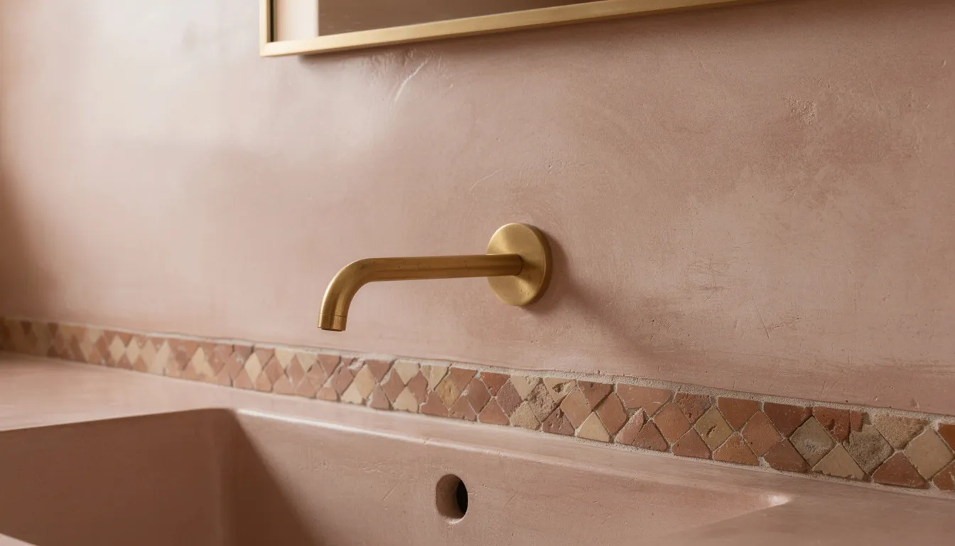 Détail mur tadelakt — enduit lissé rose-beige et robinetterie laiton