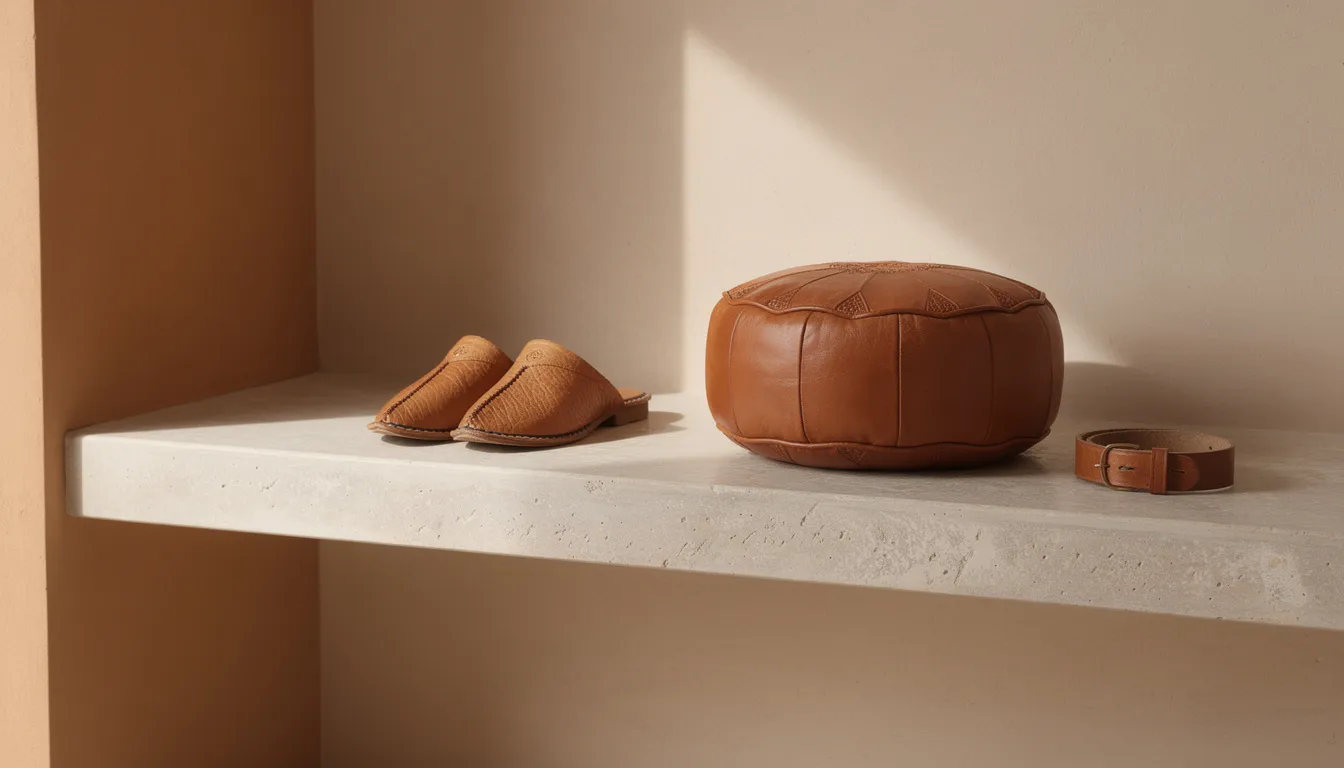 Babouches, pouf et ceinture en cuir tanné de Marrakech