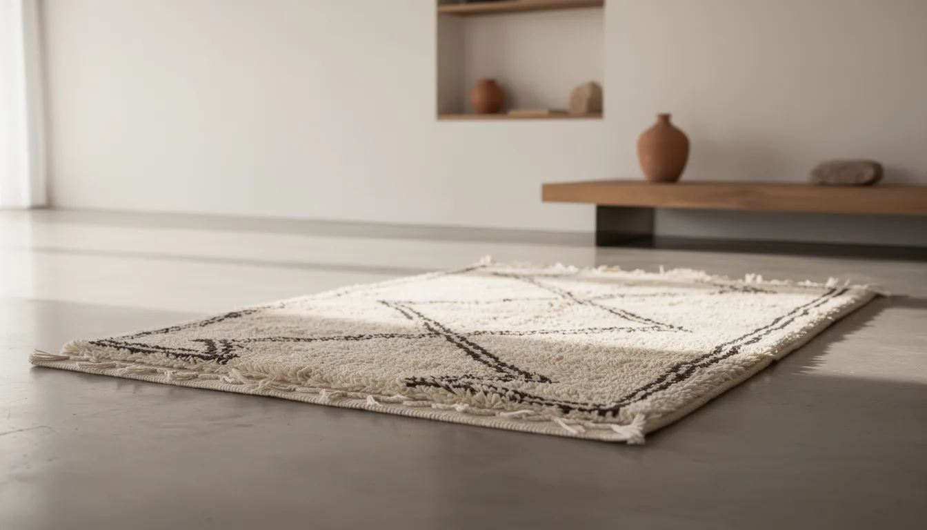 Détail tapis Beni Ourain motifs géométriques sur sol béton