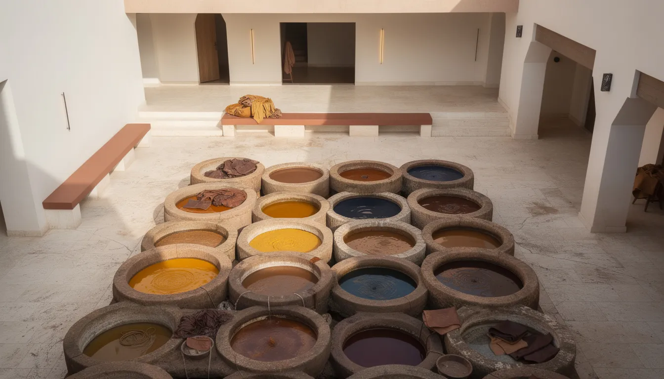 Bassins de tannage traditionnels à Fès — teintes ocre, safran et indigo