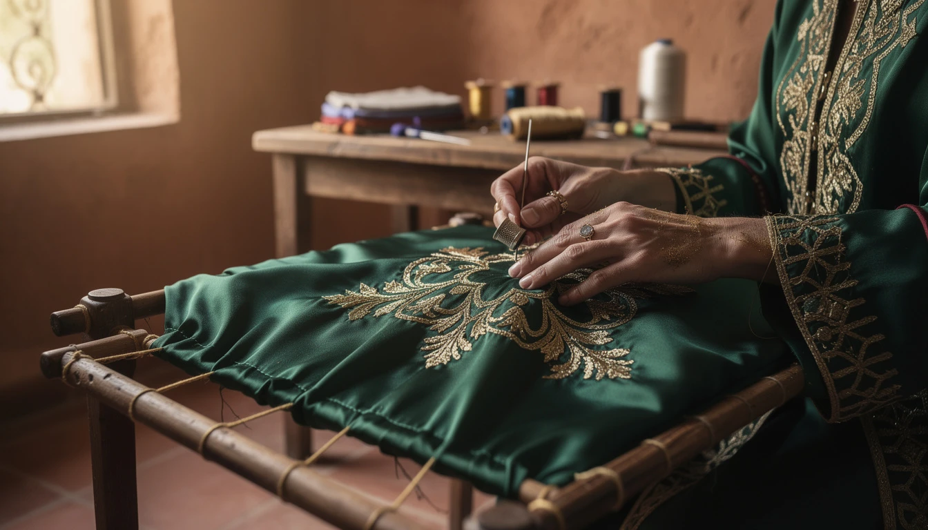 Gros plan mains artisan brodant un caftan marocain au fil d or