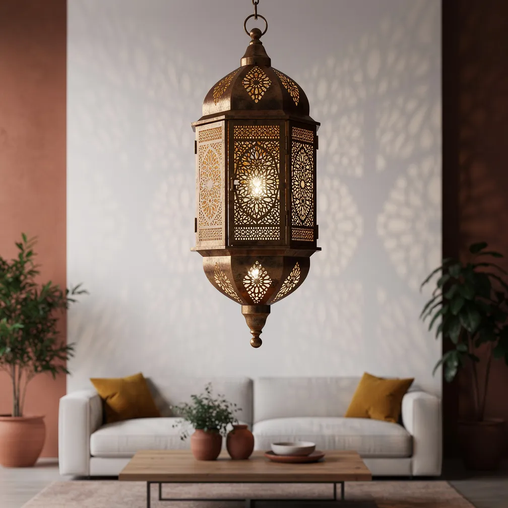 Lanterne cuivre suspendue décor minimaliste