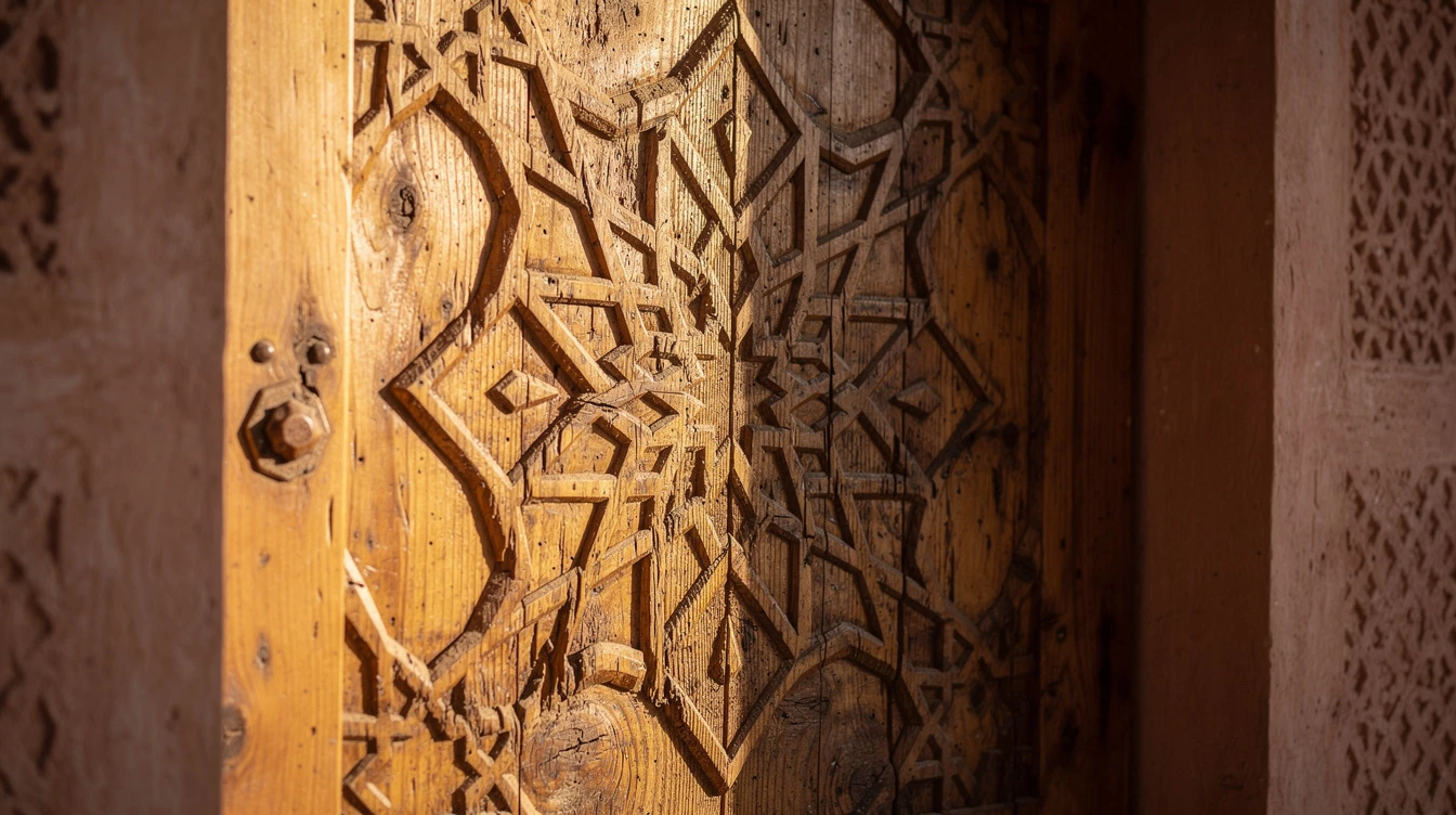 Porte en bois de cèdre sculpté avec motifs géométriques traditionnels
