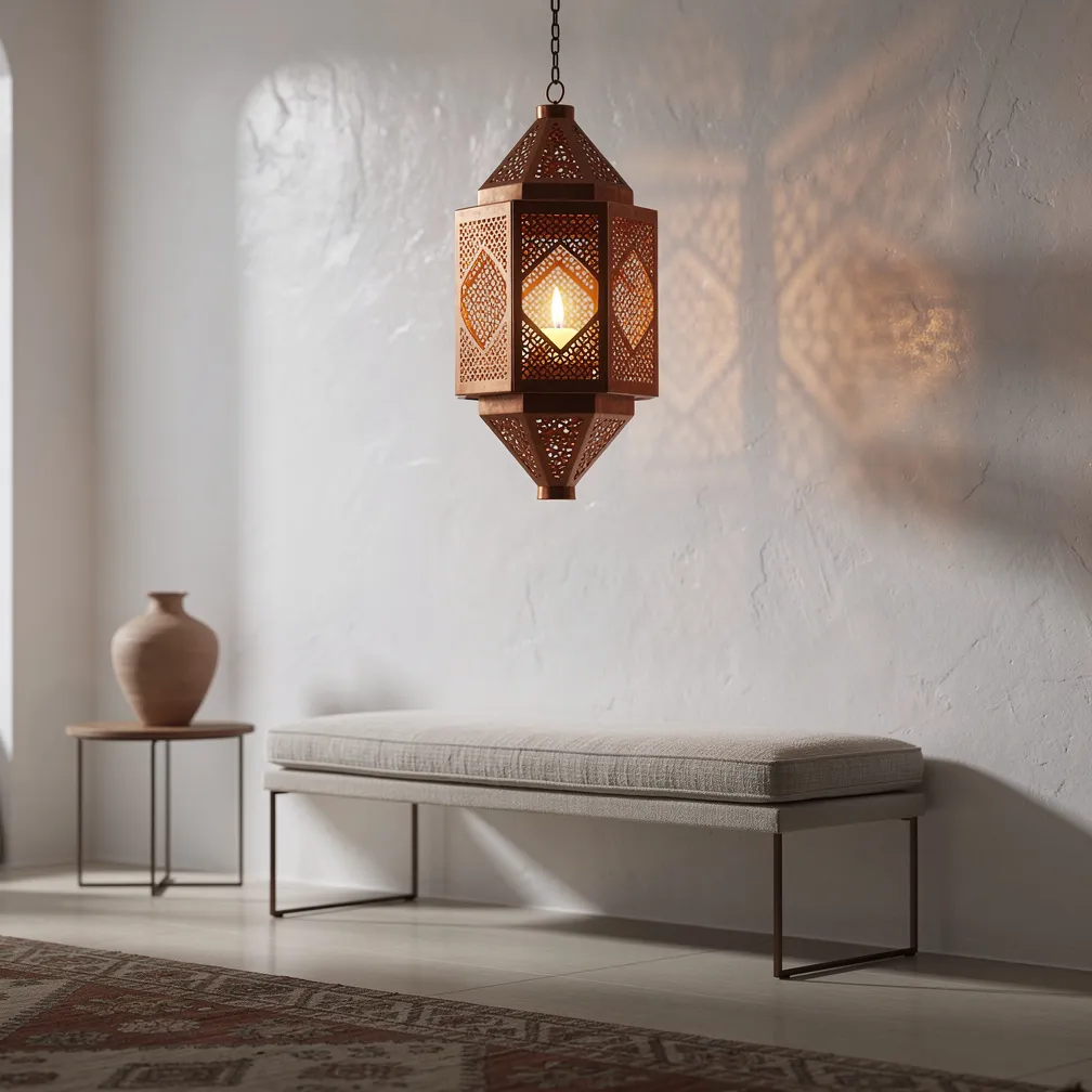 Lanterne en cuivre ajouré projetant des motifs lumineux