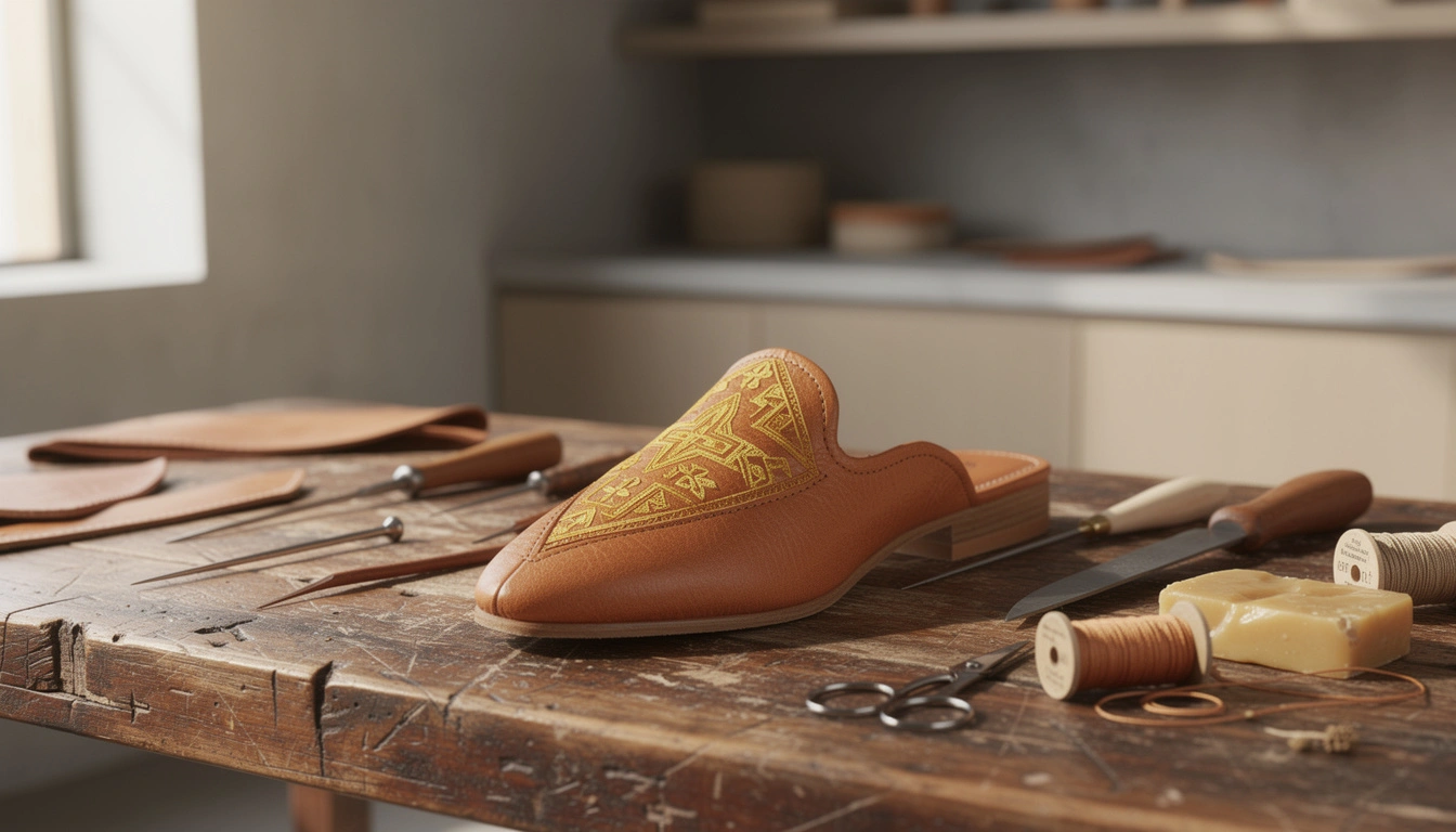 Babouche en cuir naturel tanné avec broderies géométriques