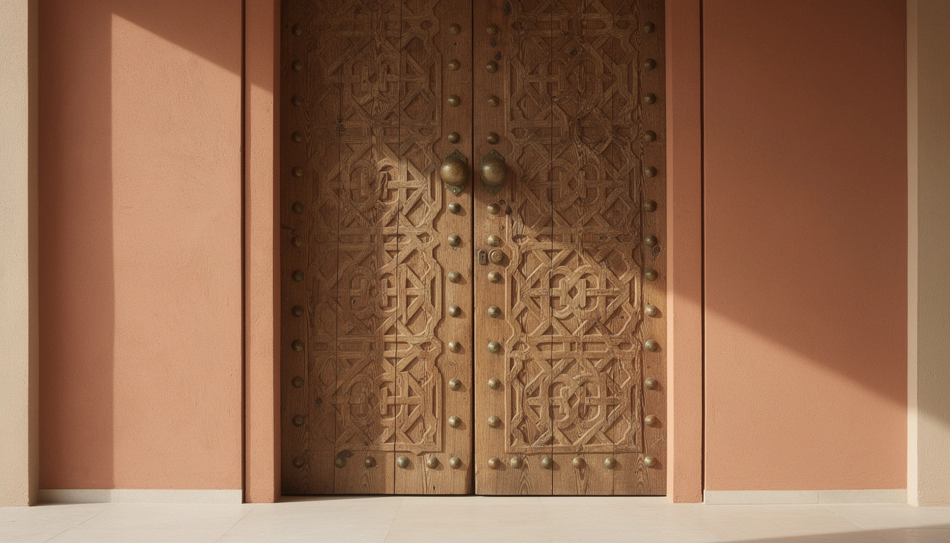 Détail porte en cèdre sculpté avec motifs géométriques