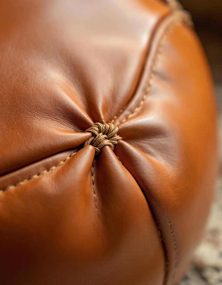 Détail couture main sur pouf cuir artisanal marocain