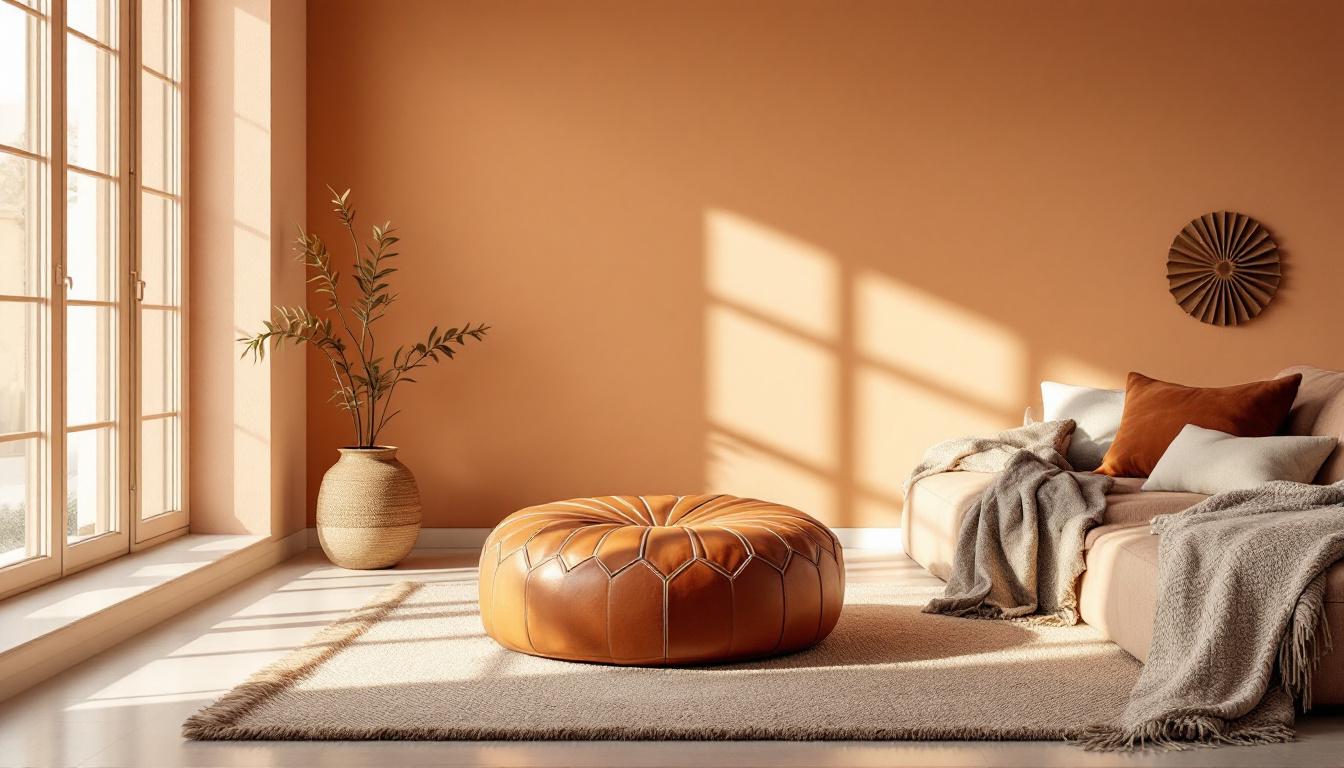 Pouf en cuir dans salon minimaliste, lumière naturelle