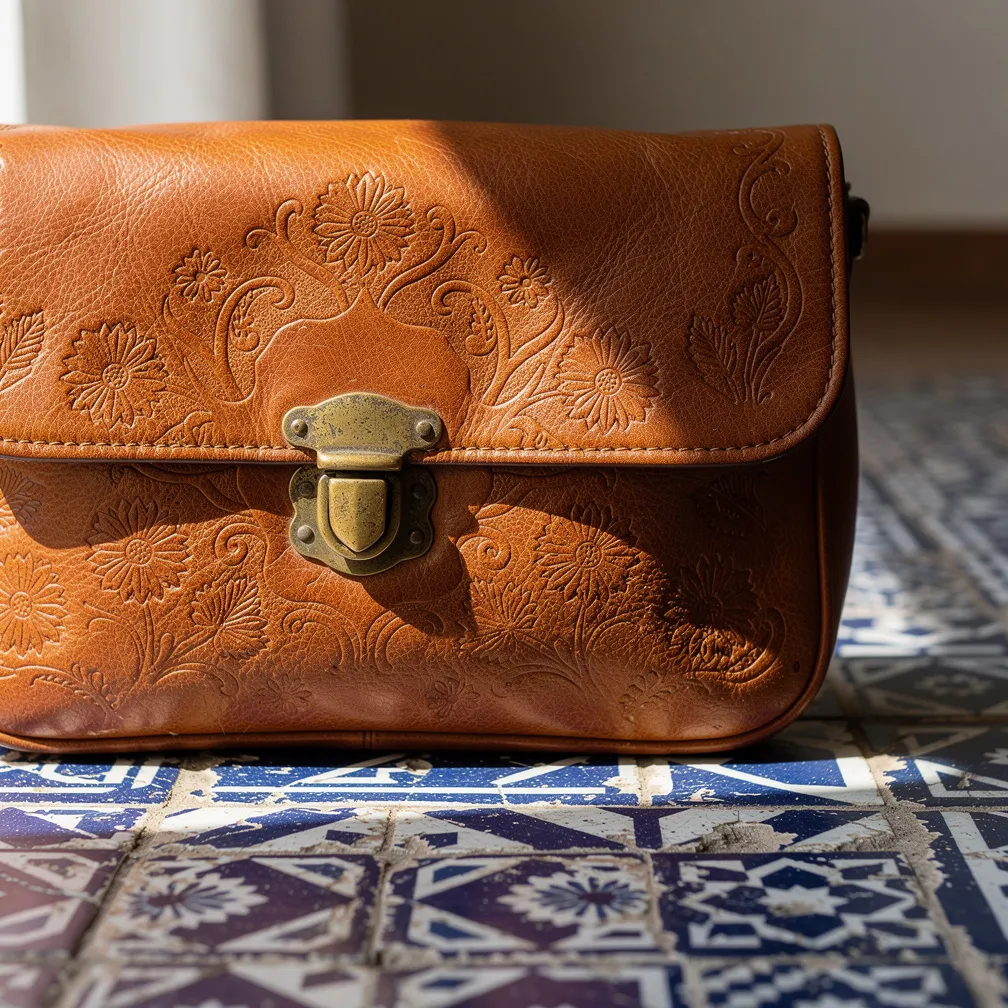 Sac en cuir tanné naturel avec décor repoussé et motifs floraux andalous, fermoir en laiton