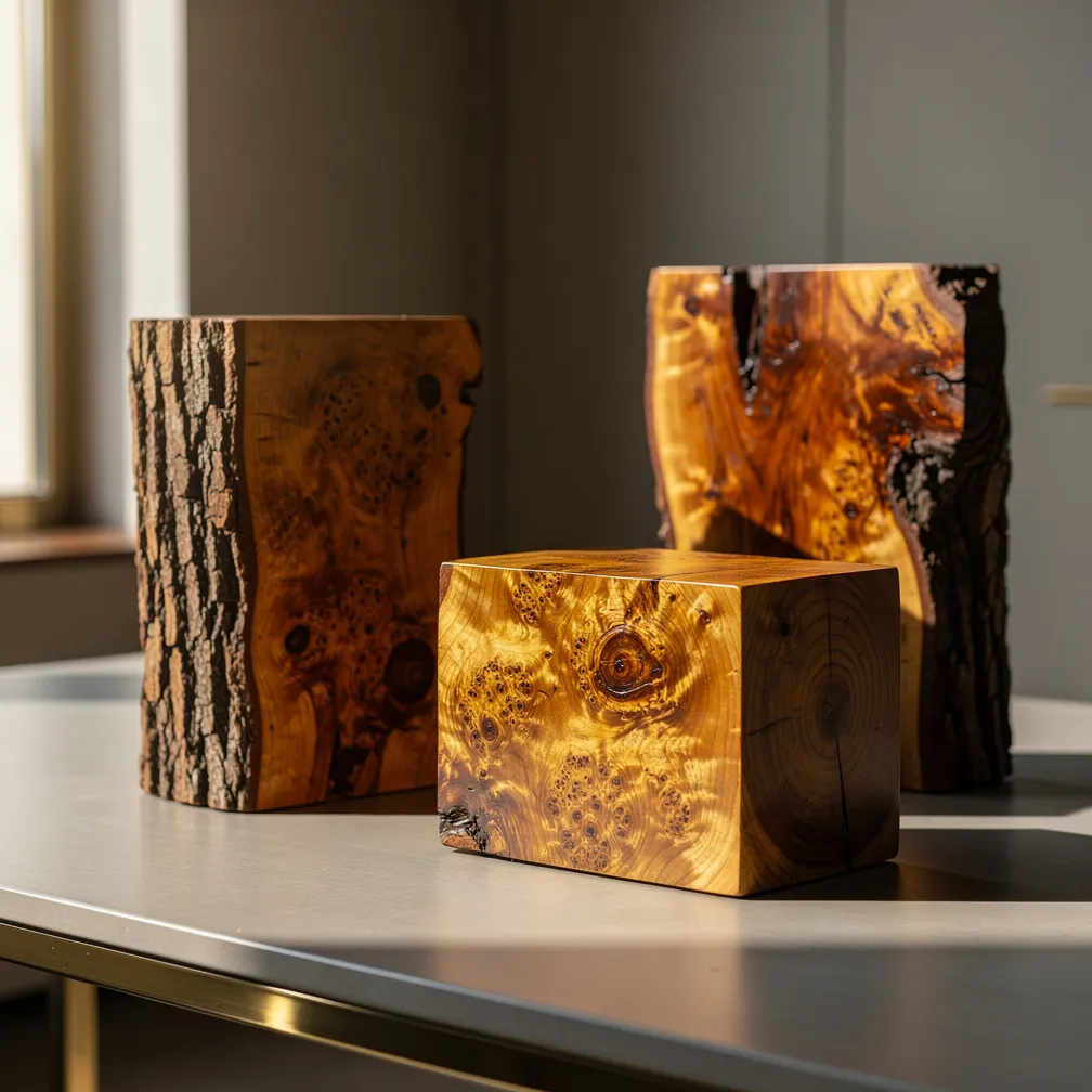 Morceaux bruts de loupe de thuya montrant la diversité des veinages