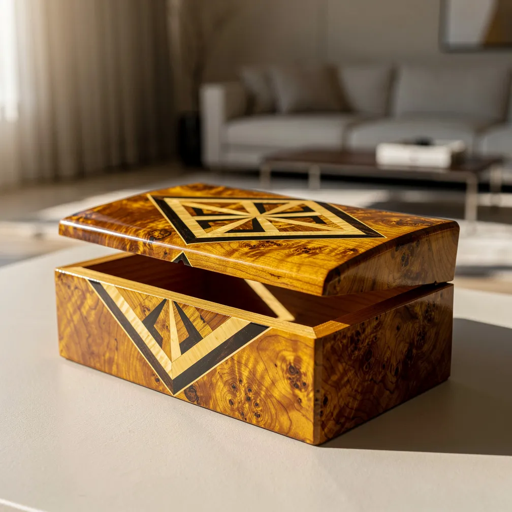 Coffret en thuya avec marqueterie géométrique en citronnier et ébène